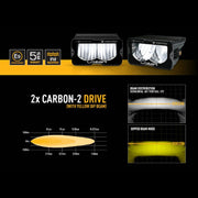 Two Lazer Carbon-2 Drive lights with specifications and beam distribution